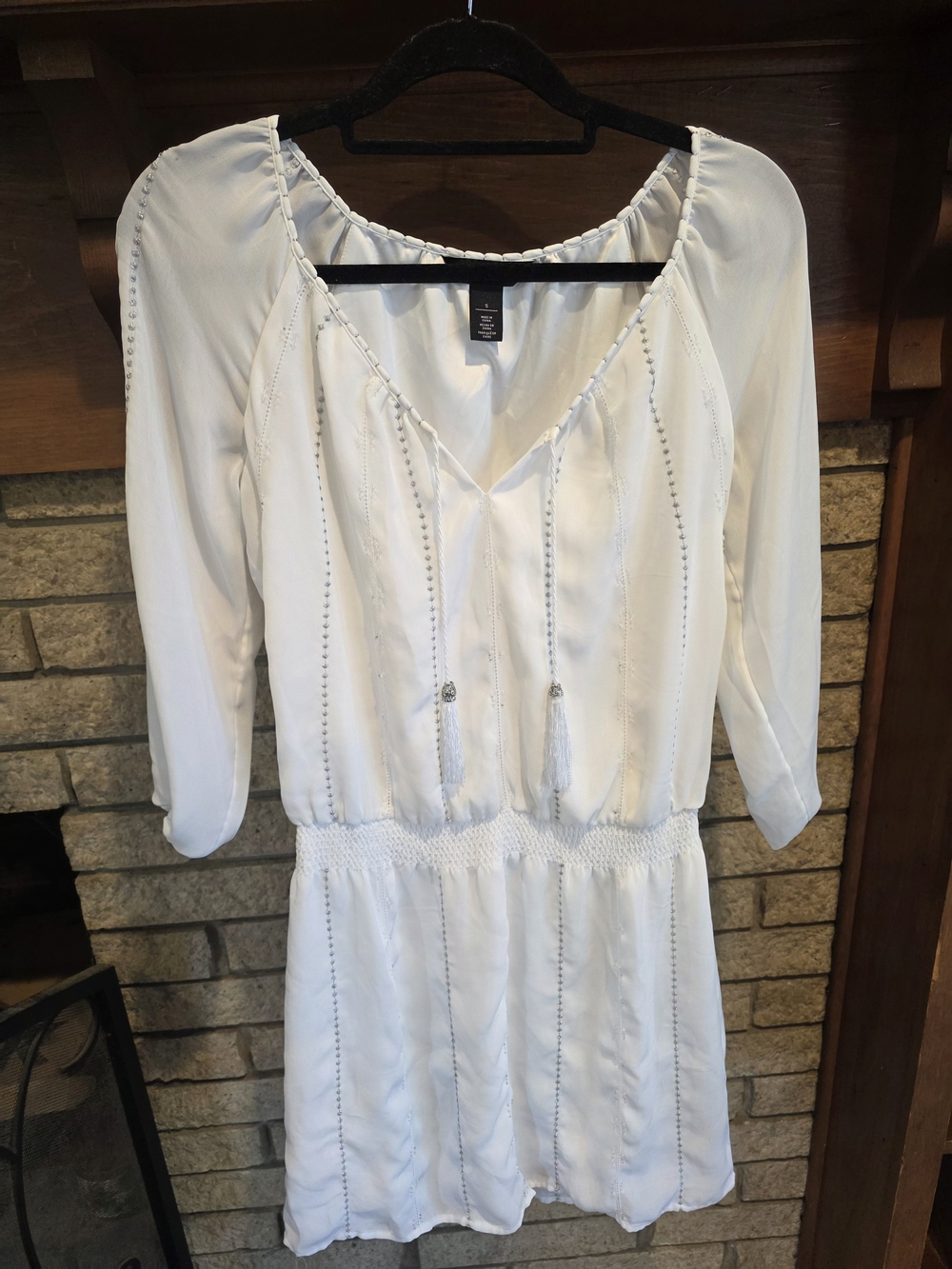 White House Black Market White V-Neck Tassel Smocked Mini Dress - Picture 2 of 9